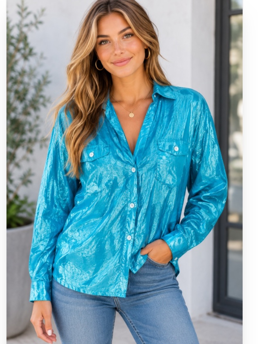 Hearts of Palm Blouse Womens 14 Metallic Blue